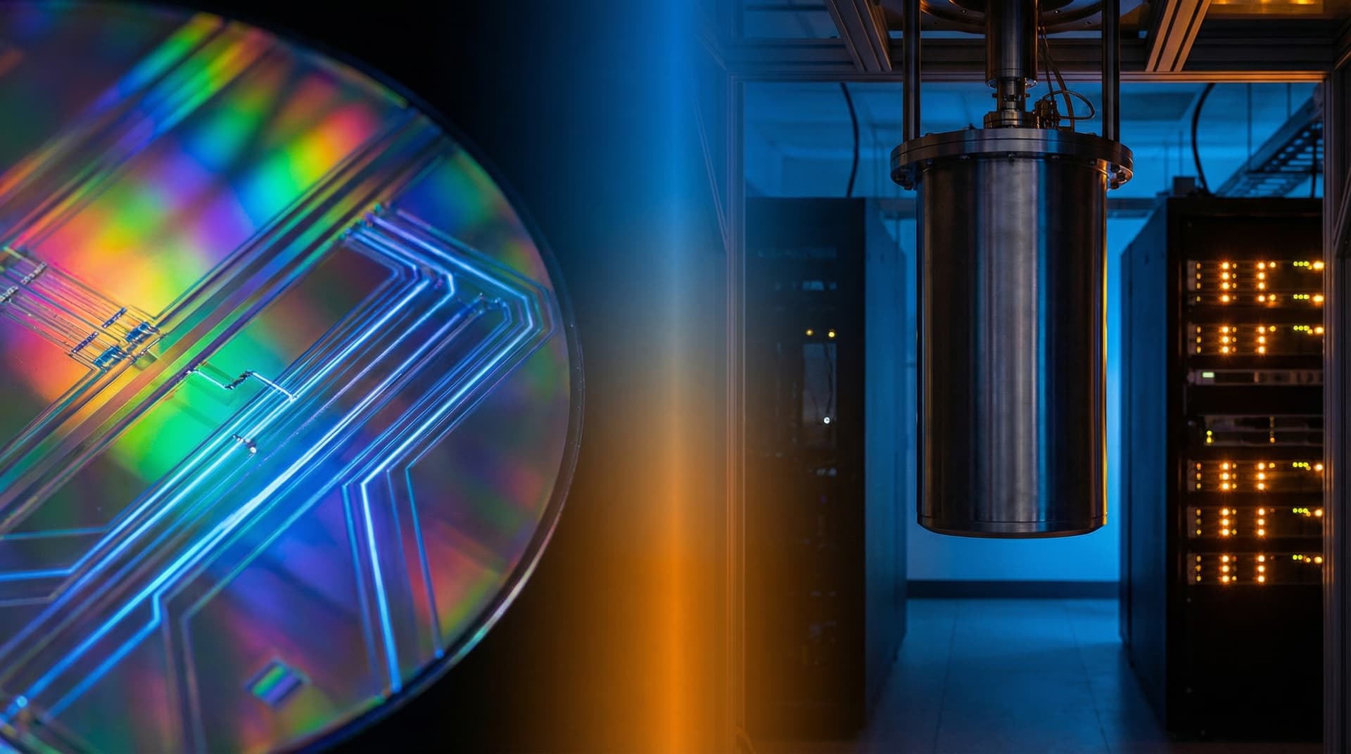 Abstract visualisation of semiconductor atom beam patterning, quantum circuits, and satellite uplink — Europe's sovereign compute-intelligence stack