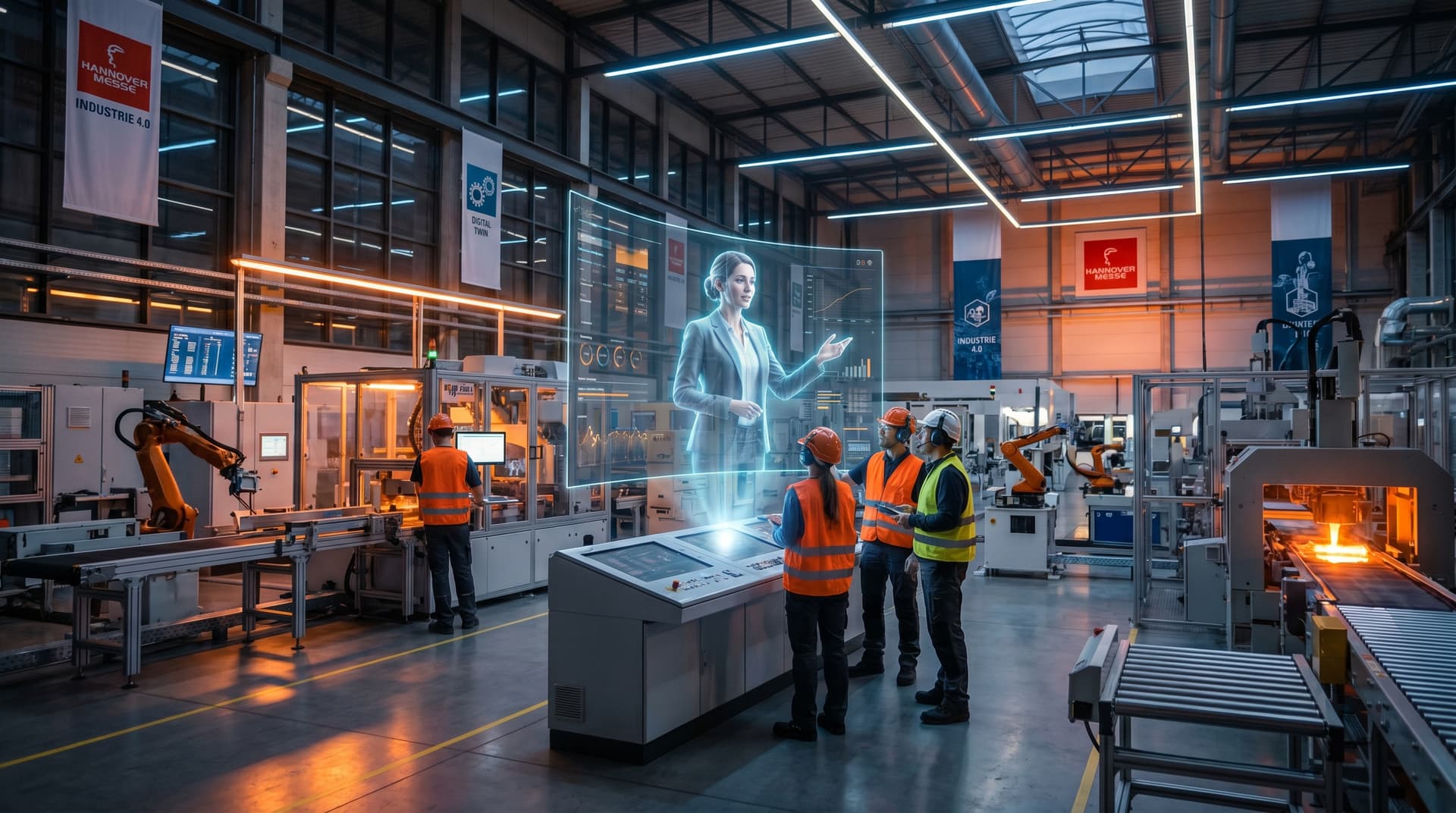 Modern European factory floor with AI holographic avatar assisting human engineers at control stations, ambient industrial lighting, Hannover Messe aesthetic