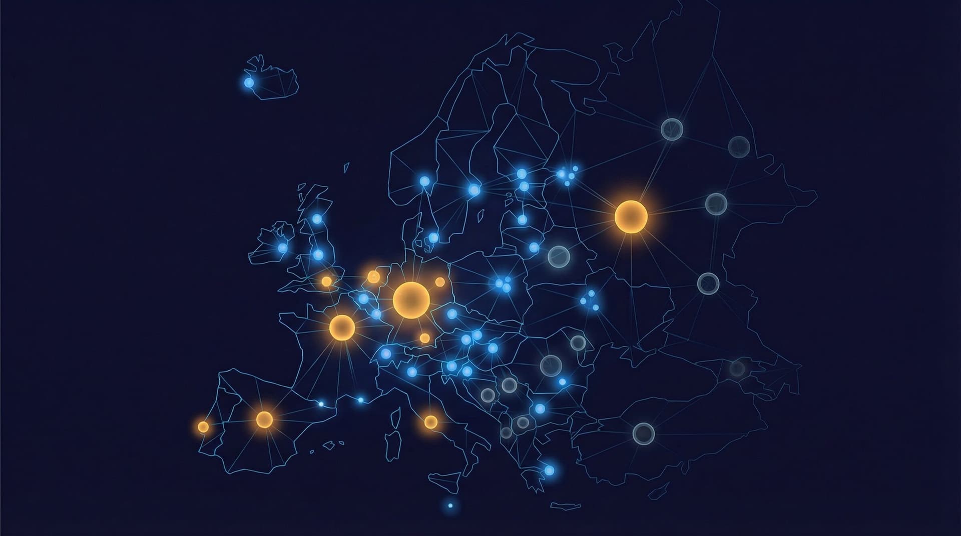European map with glowing funding nodes and network connections representing innovation policy landscape