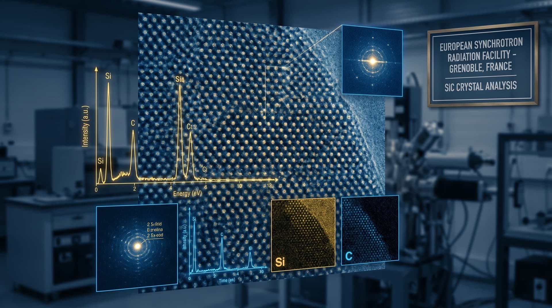 Ultra-detailed electron microscope image aesthetic of silicon carbide crystal lattice with overlaid spectral analysis data, deep blue and gold tones, European research laboratory context