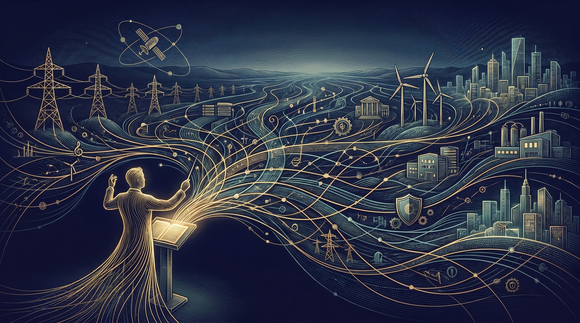 An abstract editorial illustration of a conductor whose golden baton-lines fan out into an interconnected European system — power grids, wind turbines, satellites, a defence shield, data streams and city skylines — all coordinated from a single point, on a deep navy background