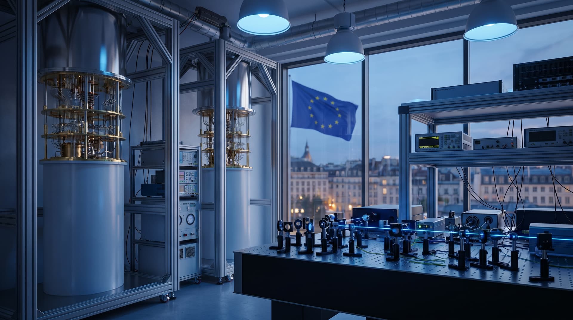 Photorealistic quantum research laboratory with cryogenic dilution refrigerators and optical tables side by side, soft blue lighting, European research setting