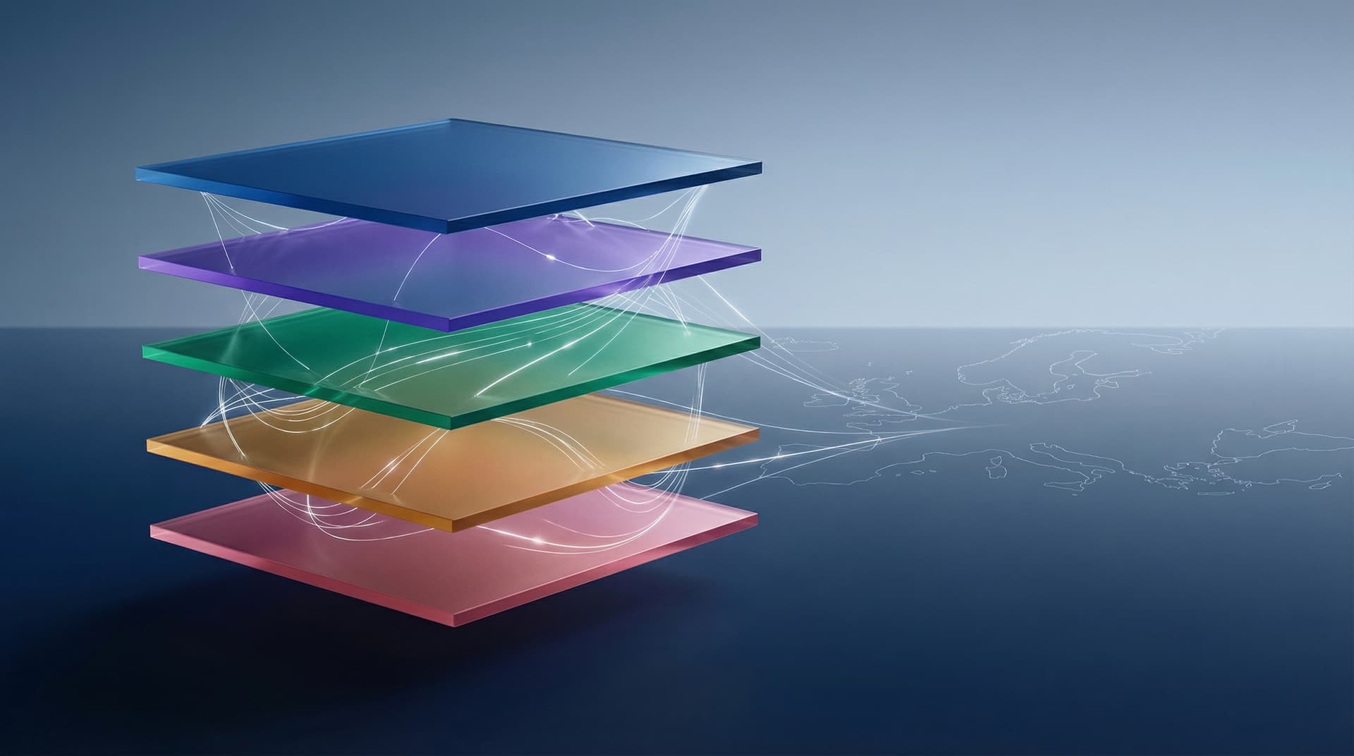 Abstract illustration of five translucent coloured layers stacked vertically representing Europe's strategic RTDI stack
