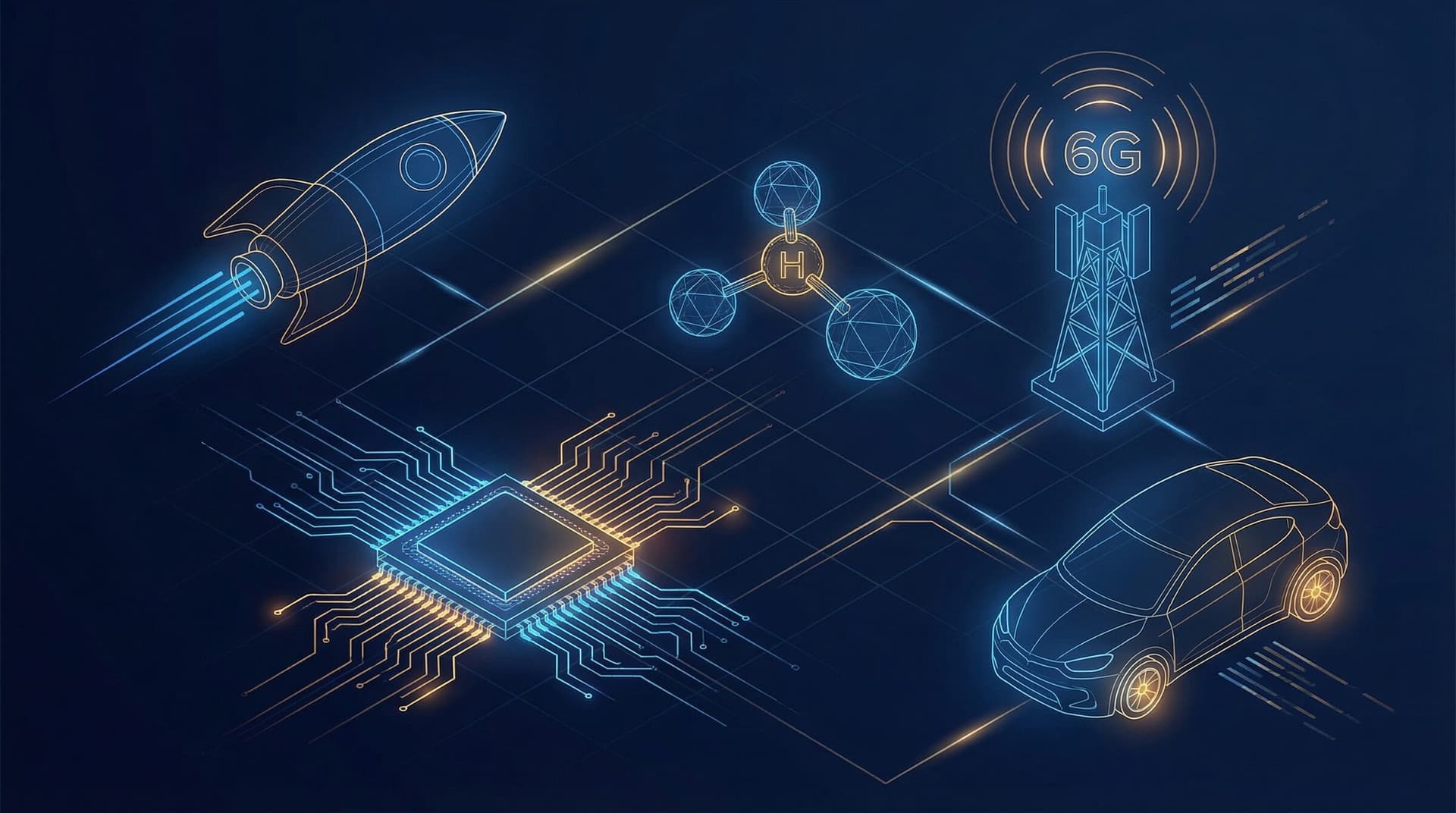 Isometric wireframe illustration of European deep tech hardware: rocket, semiconductor chip, hydrogen molecule, 6G tower, and autonomous vehicle